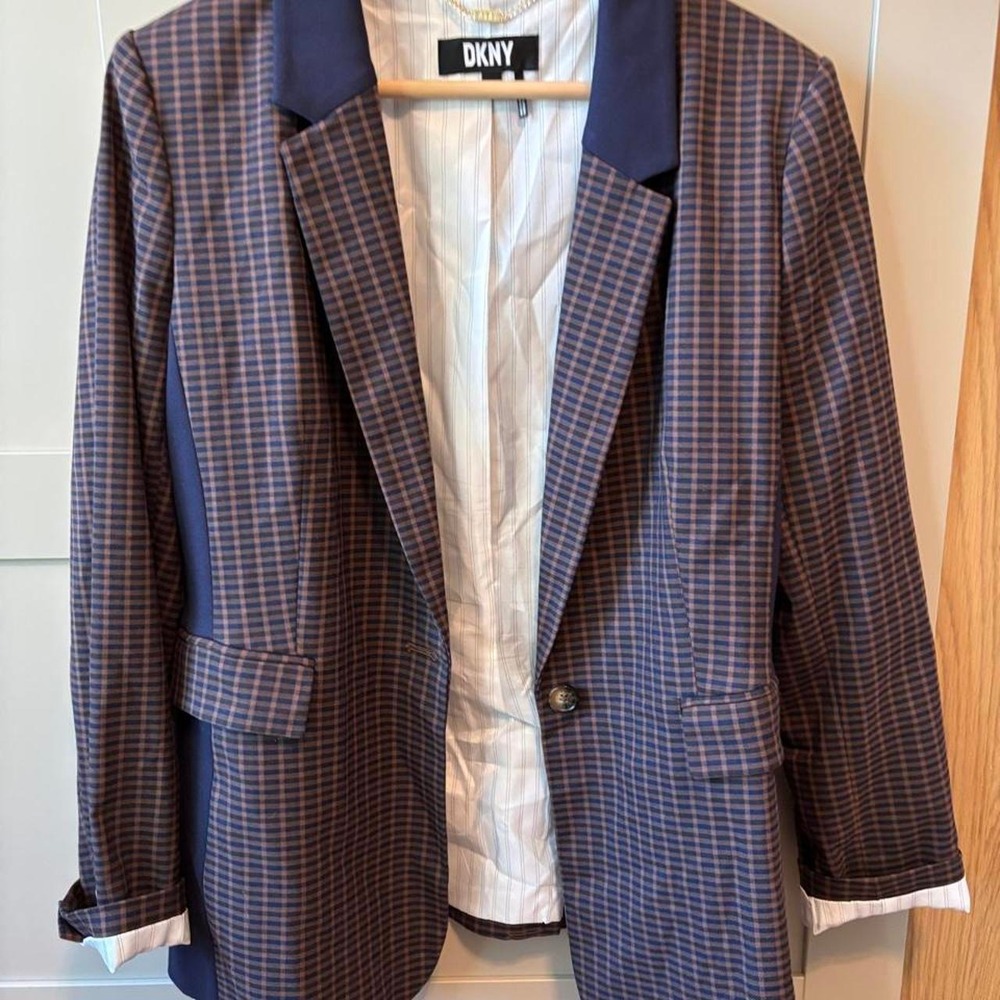 DKNY Womens Mixed Media Plaid Blazer Navy Blue Brown Single Button Jacket 16